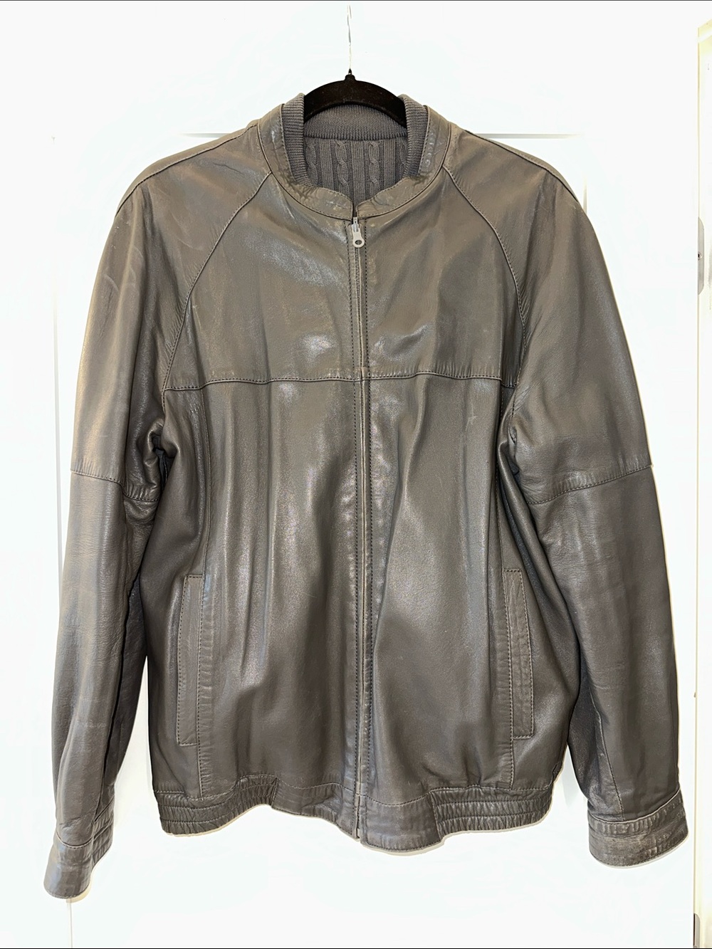 Vintage Men's Leather Bomber Jacket - Gray
